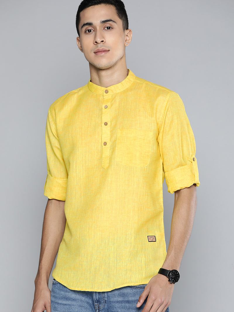 Dennison men's yellow melange effect short kurta front view