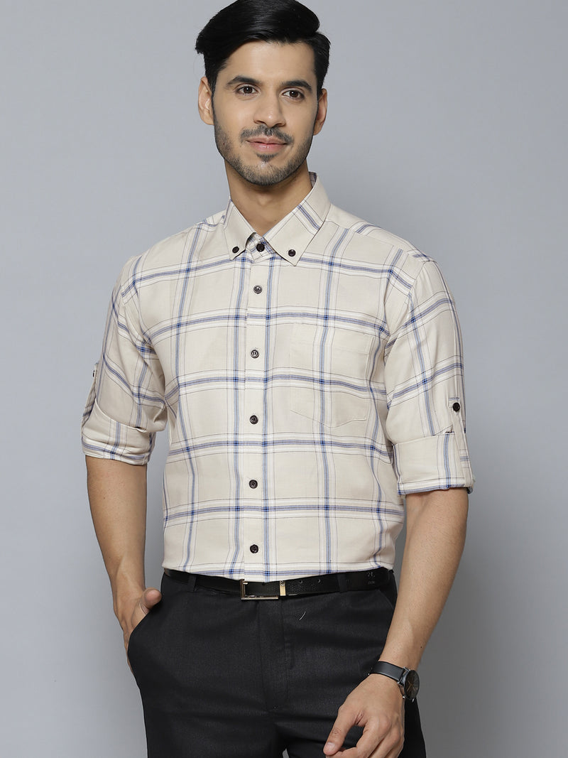 Men Cream-Coloured  Blue Smart Slim Fit Checked Formal Shirt