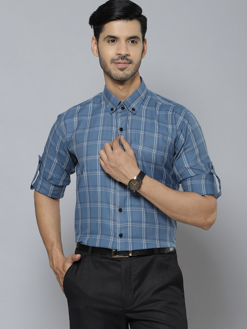 Men Blue  White Pure Cotton Smart Slim Fit Tartan Checks Formal Shirt