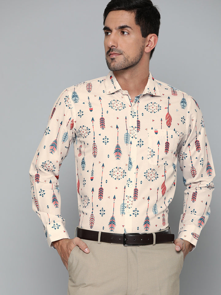 Men Cream-Coloured Conversational Printed Smart Slim Fit Casual Shirt
