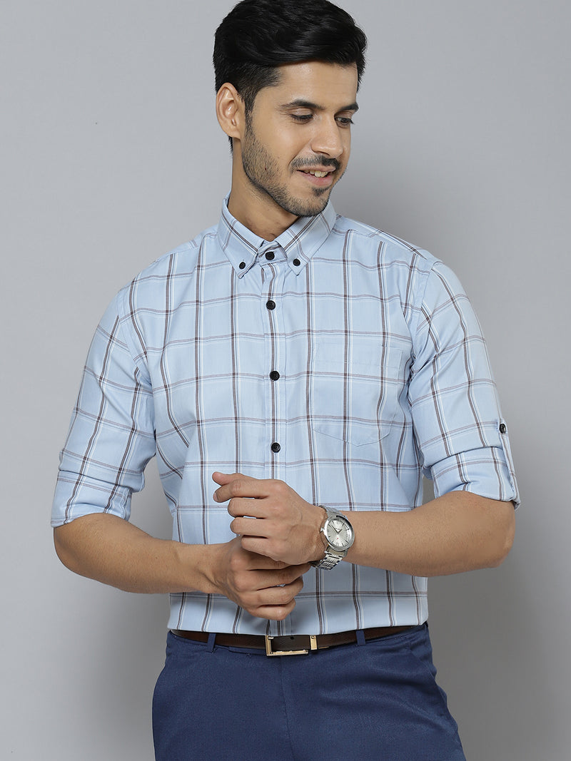 Men Blue  Black Pure Cotton Smart Slim Fit Windowpane Checks Formal Shirt