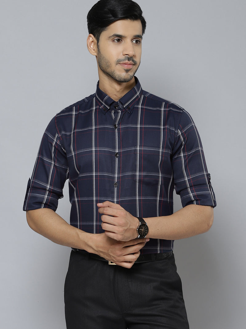 Men Navy Blue  White Smart Slim Fit Checked Formal Shirt