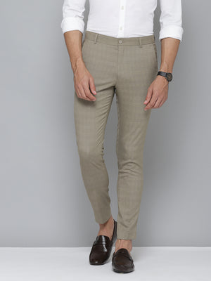Men Beige Smart Tapered Fit Checked Cropped Trousers