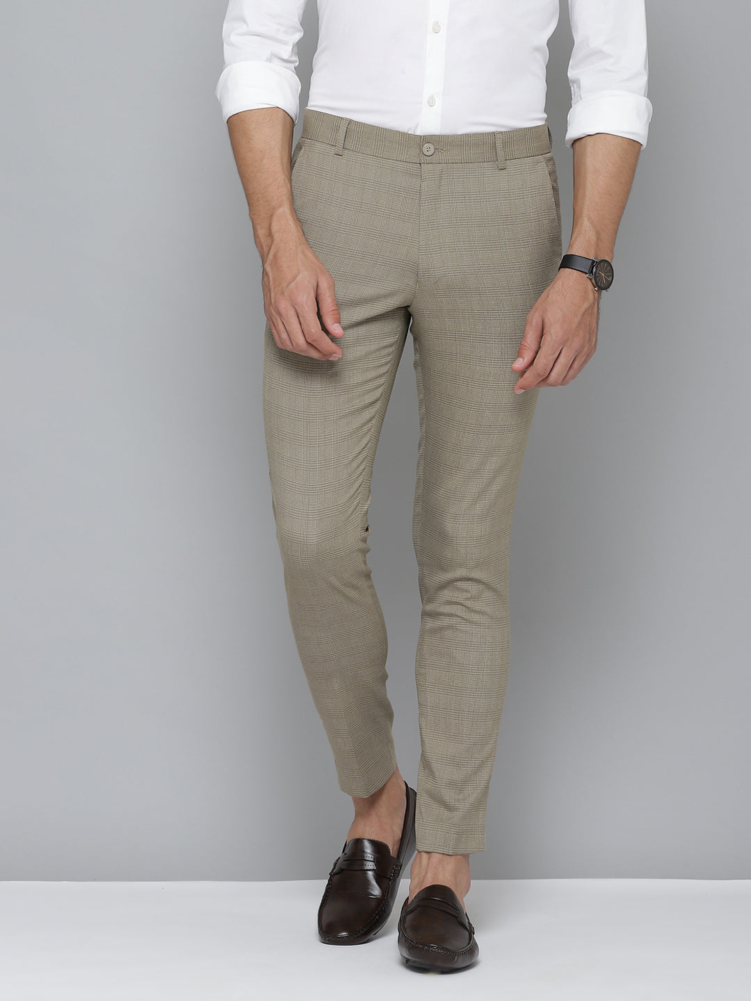 Men Beige Smart Tapered Fit Checked Cropped Trousers  dennisonfashionindia