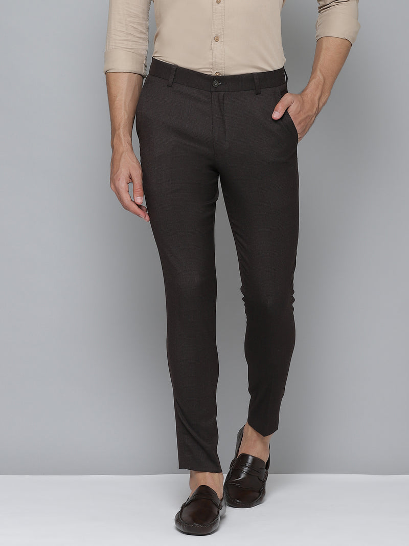 Men Brown Smart Tapered Fit Checked Cropped Trousers