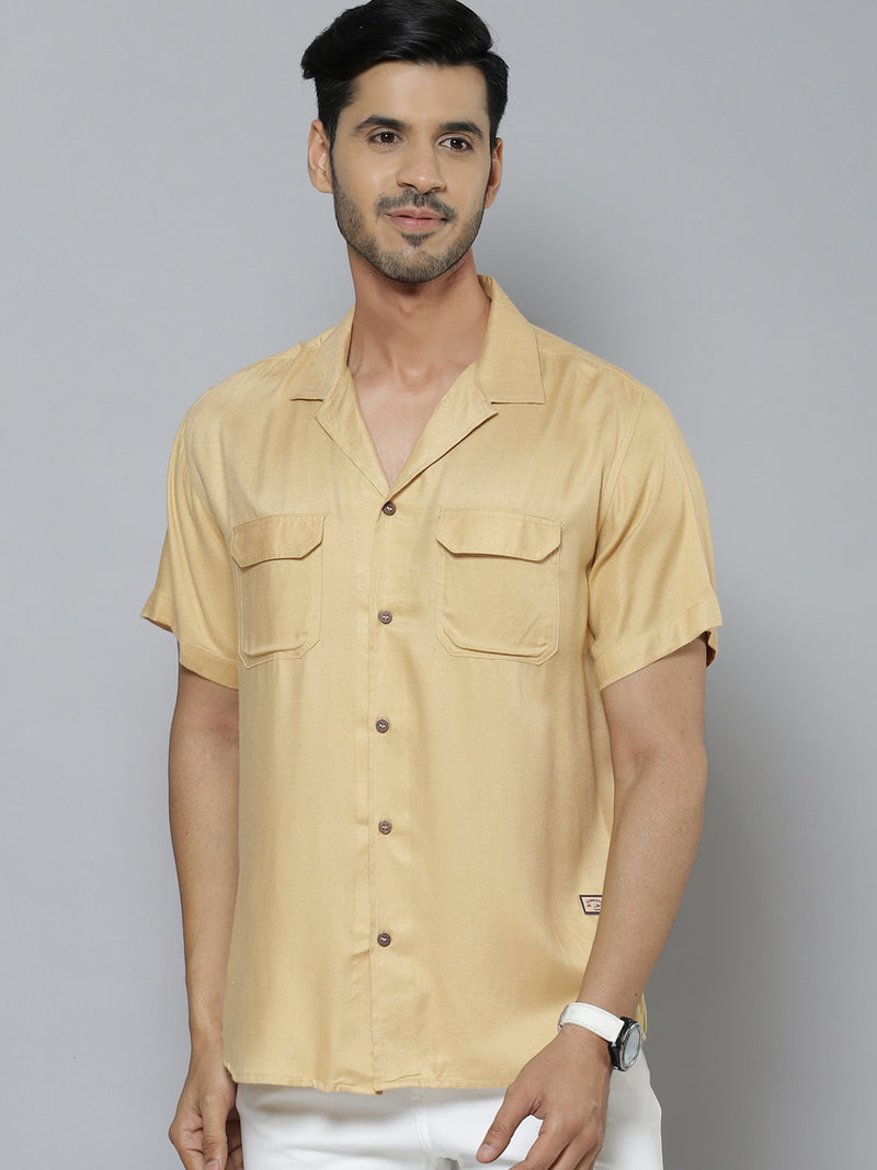 Men Beige Solid Cuban Collar Smart Regular Fit Casual Shirt