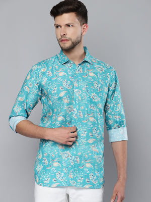 Men Turquoise Blue Smart Slim Fit Floral Printed Formal Shirt