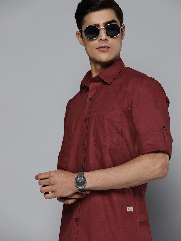 DENNISON Men Maroon Solid Pure Cotton Smart Slim Fit Casual Shirt