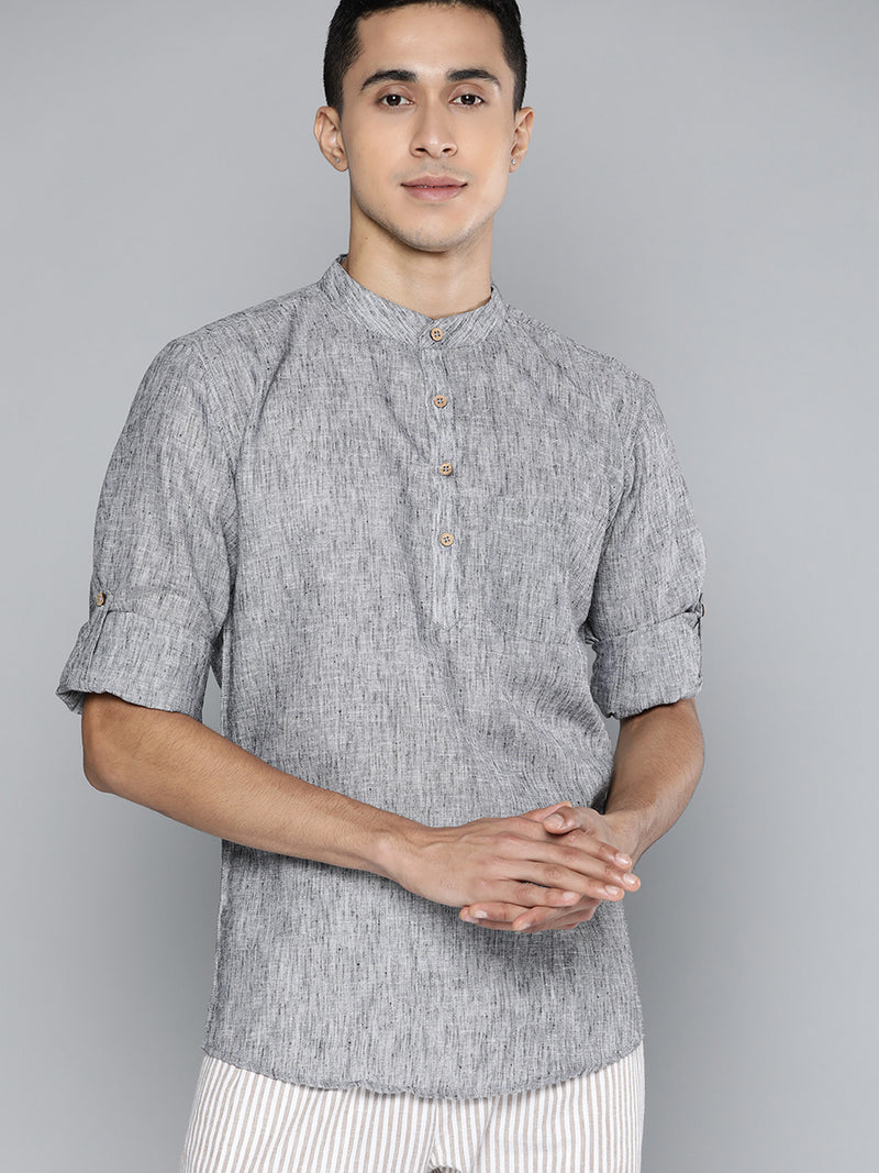 Men Grey Melange Effect Straight Comfort Slim Fit Short Kurta