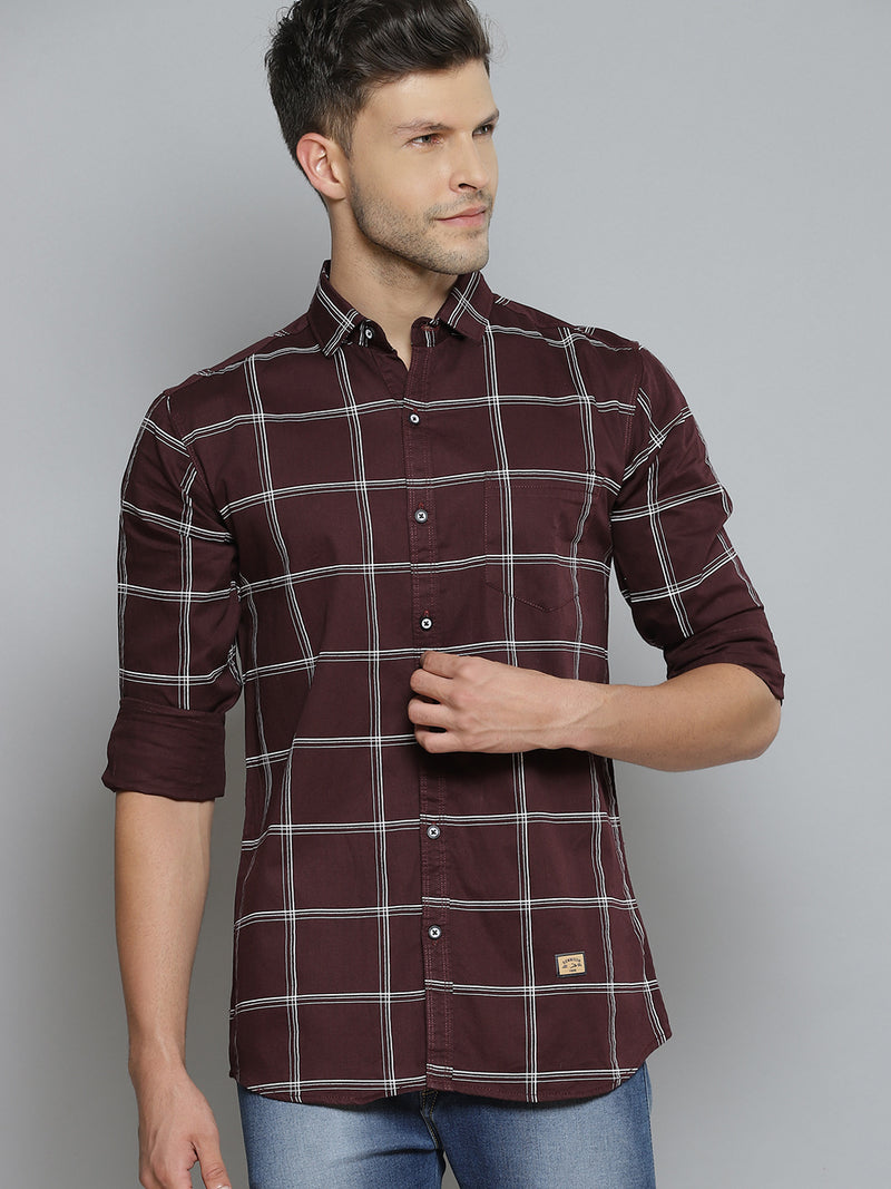 Men Burgundy  White Windowpane Checks Smart Slim Fit Opaque Casual Shirt