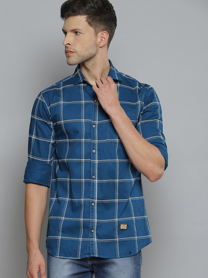 Men Blue Smart Slim Fit Windowpane Checks Opaque Checked Casual Shirt