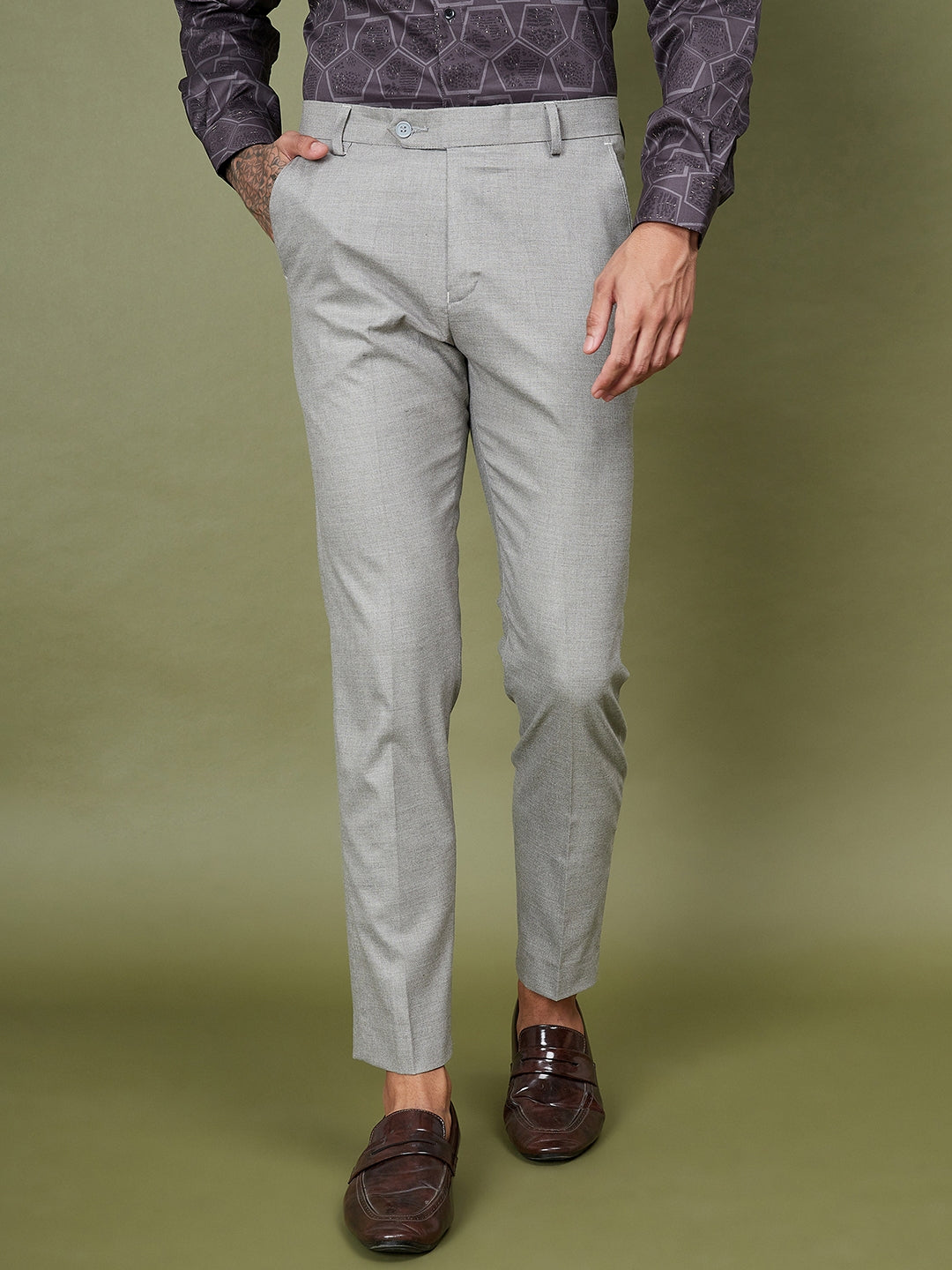 DENNISON Men Smart Tapered Fit Easy Wash Formal Grey Trousers