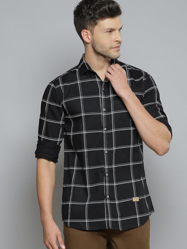 Men Black  White Windowpane Checks Smart Slim Fit Opaque Casual Shirt