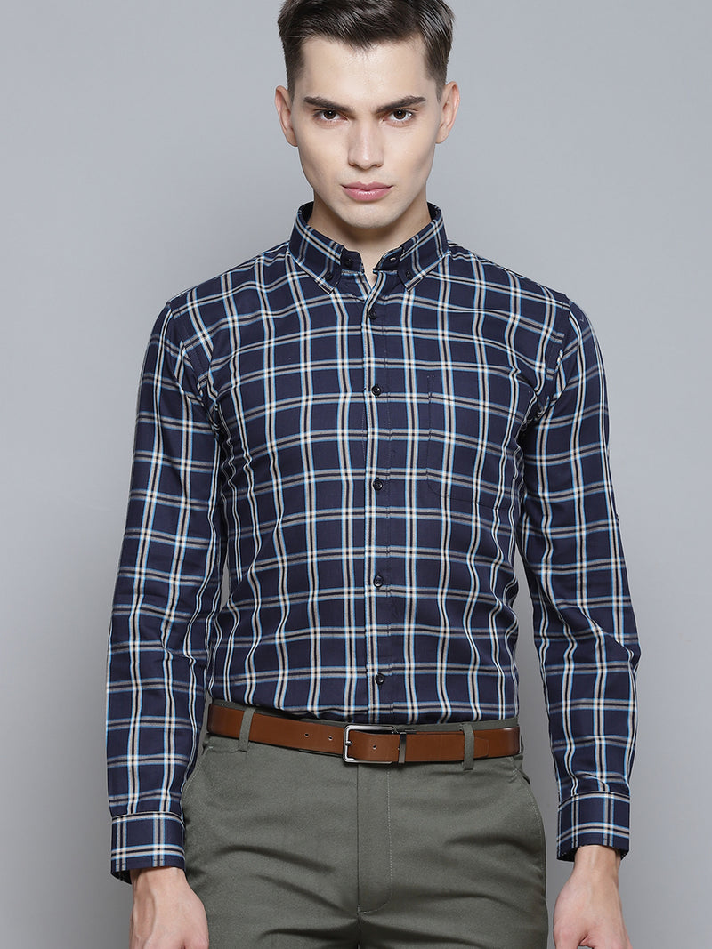 Men Navy Blue Smart Slim Fit Opaque Checked Formal Shirt