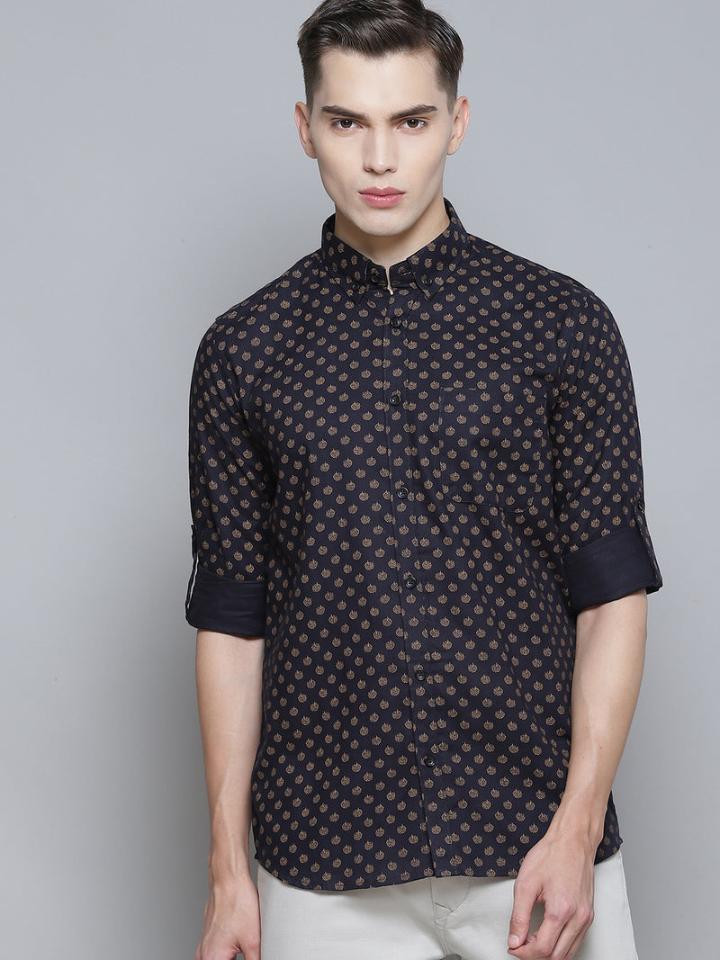 Men Navy Blue Smart Slim Fit Opaque Printed Casual Shirt