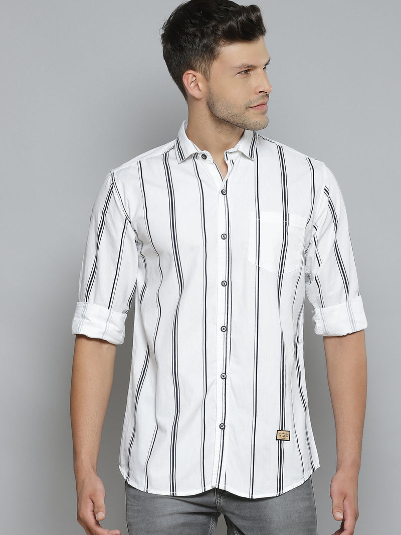 Men White  Black Striped Smart Slim Fit Opaque Casual Shirt