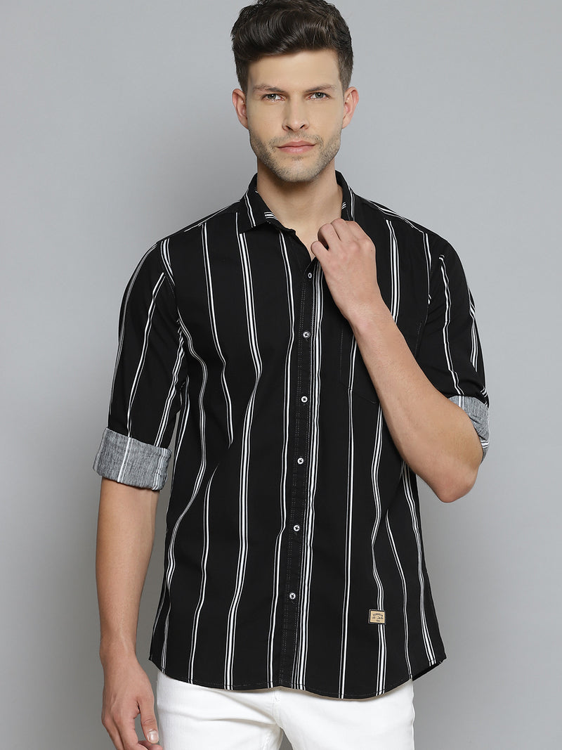 Men Black Smart Slim Fit Opaque Striped Casual Shirt