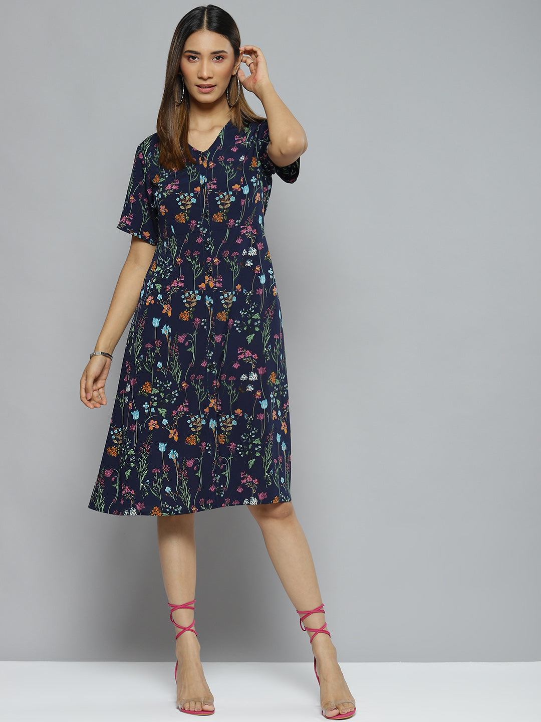 Navy Blue  Pink Floral Crepe Dress