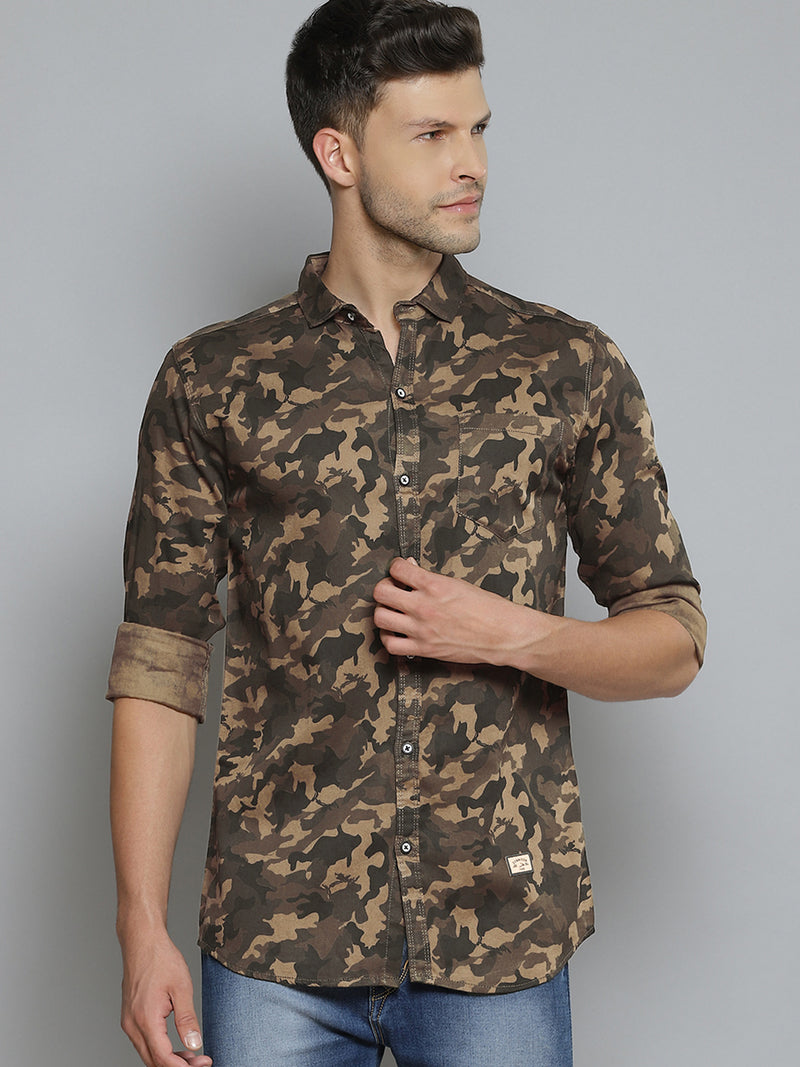 Men Brown  Khaki Camouflage Printed Smart Slim Fit Opaque Casual Shirt