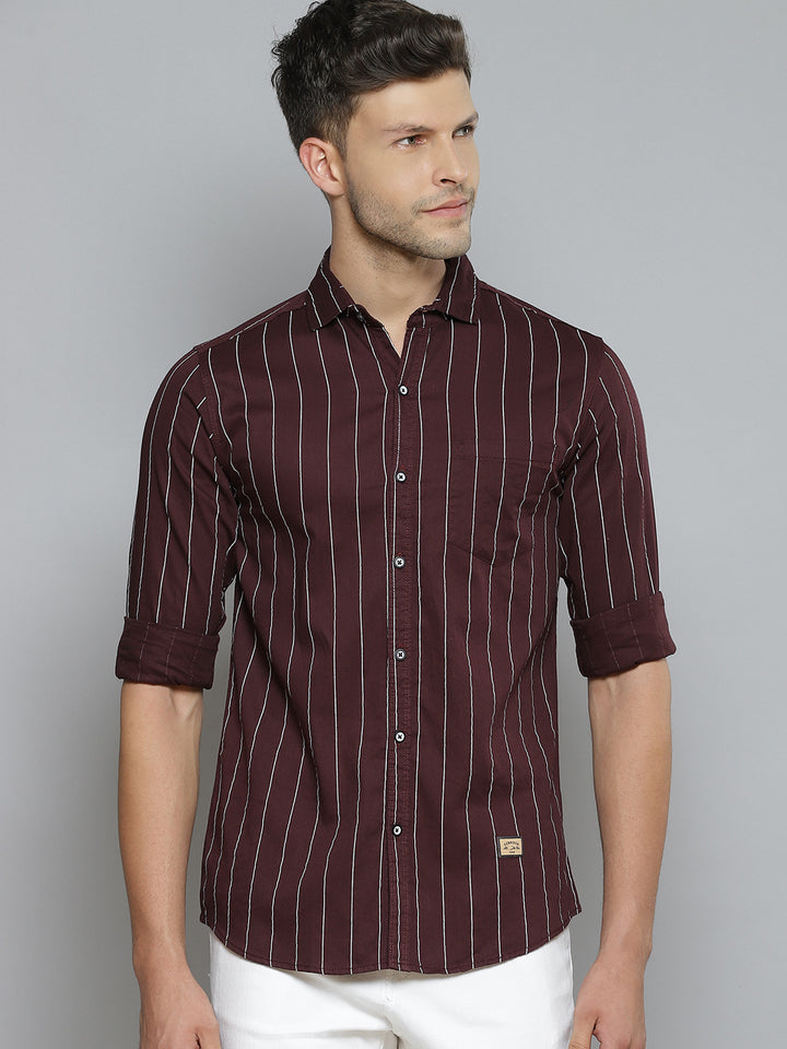 Men Burgundy Smart Slim Fit Pinstripes Opaque Striped Casual Shirt