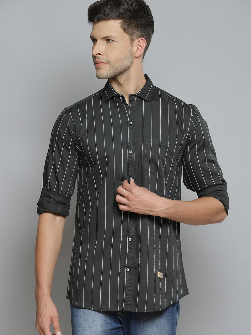 Men Olive Green Smart Slim Fit Pinstripes Opaque Striped Casual Shirt