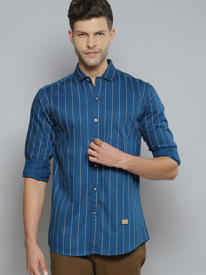 Men Blue Smart Slim Fit Pinstripes Opaque Striped Casual Shirt