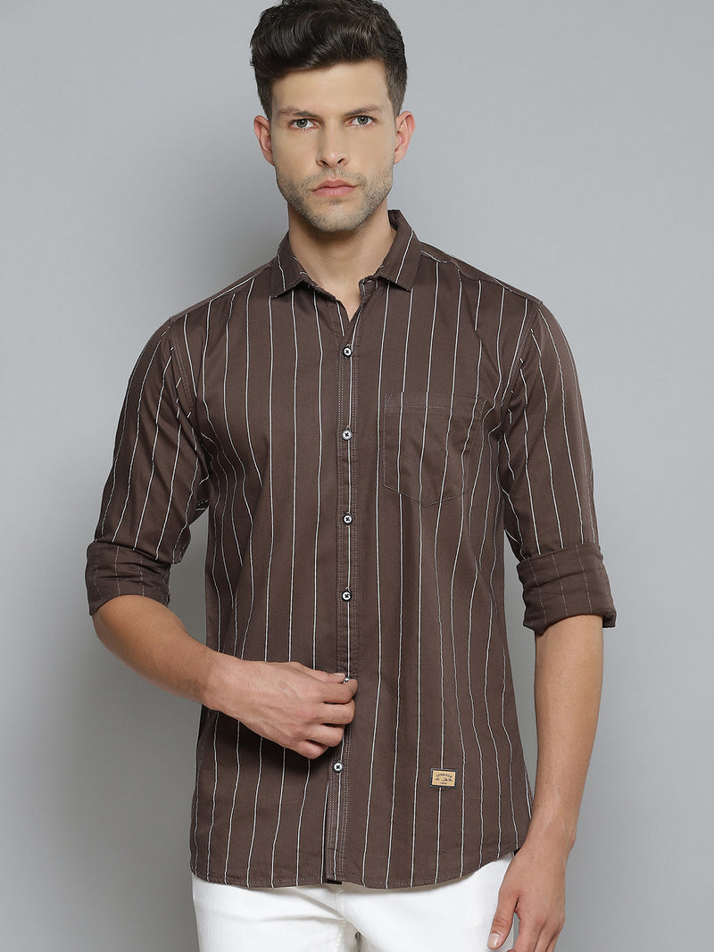 Men Brown  White Striped Smart Slim Fit Opaque Casual Shirt