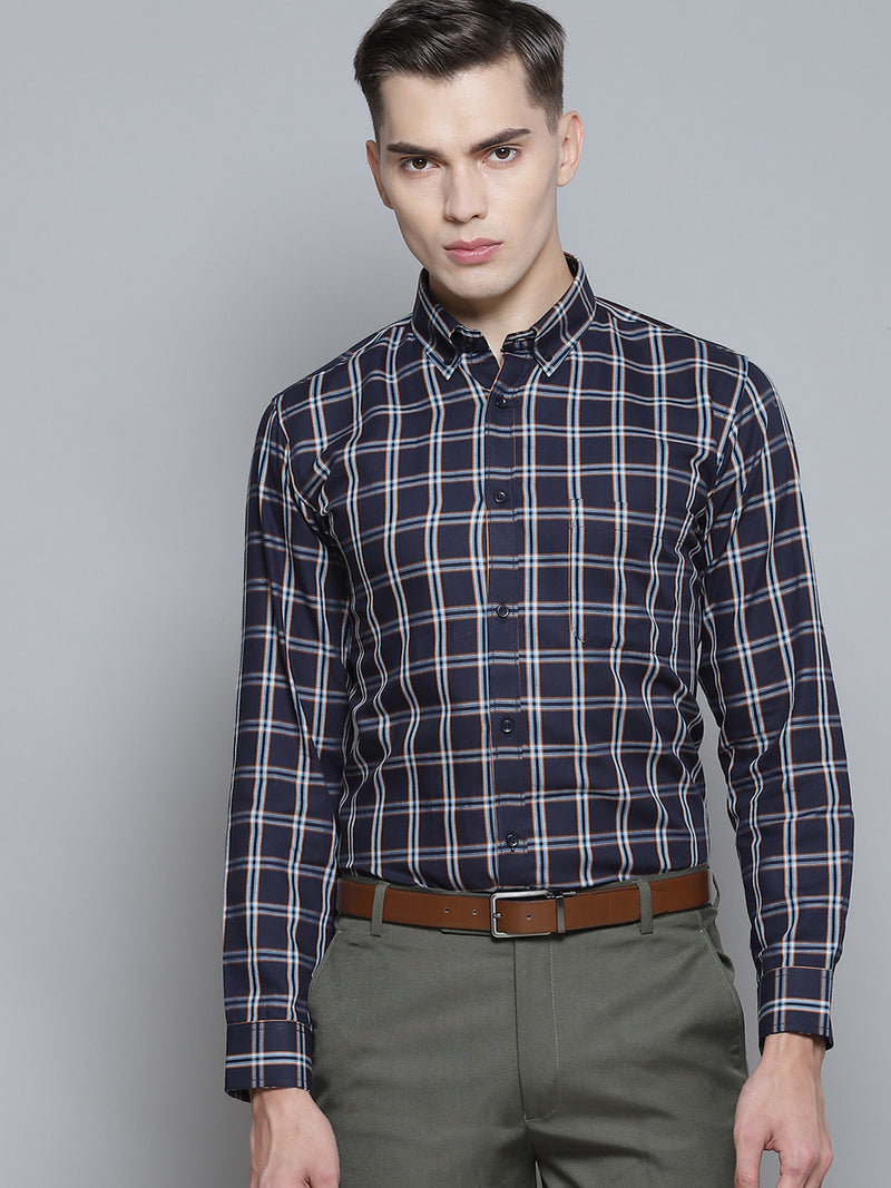Men Navy Blue Smart Slim Fit Opaque Checked Formal Shirt