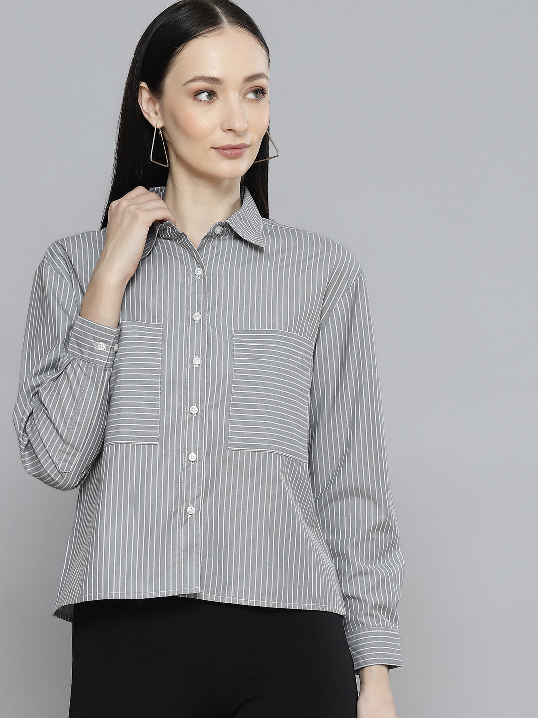 DENNISON Women Grey & White Smart Pinstripes Striped Shirt