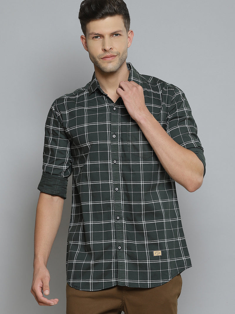 Men Green  White Checked Smart Slim Fit Opaque Casual Shirt