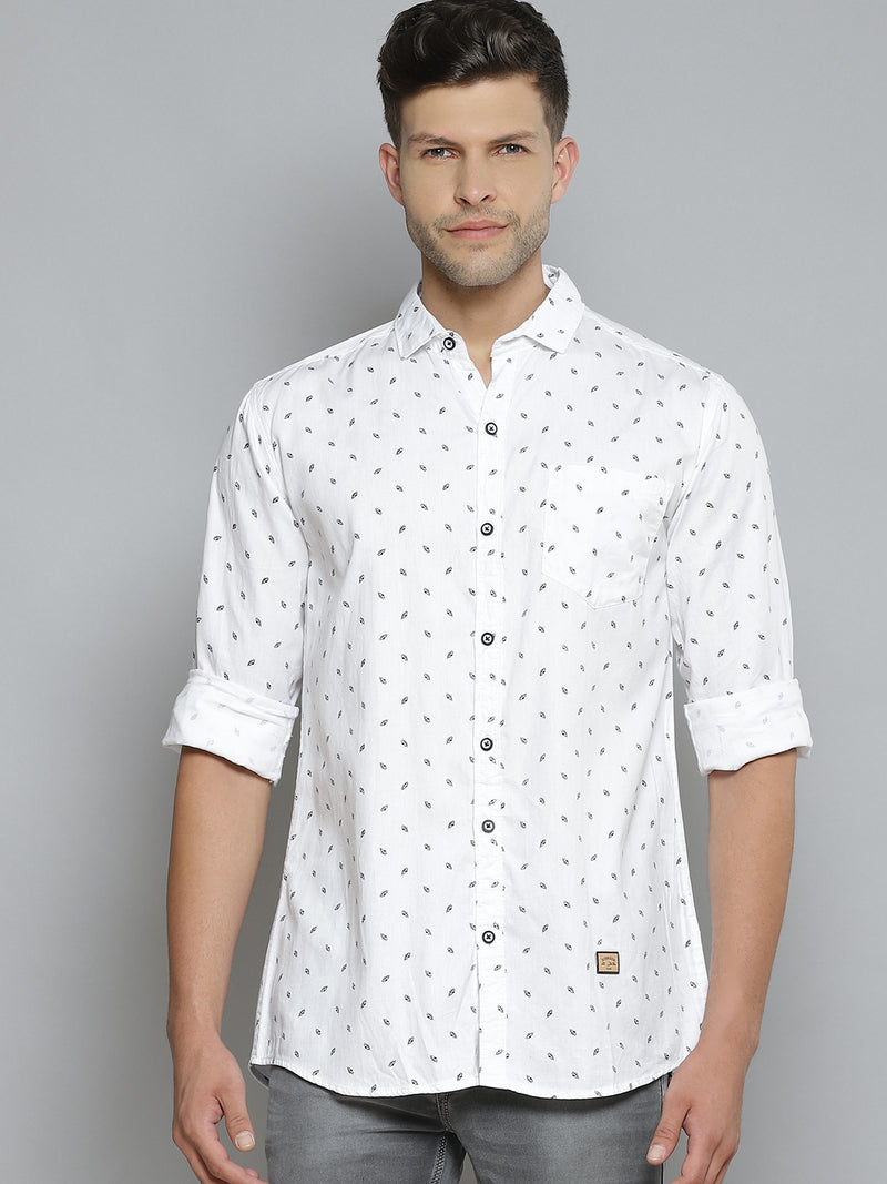 Men White  Navy Blue Printed Smart Slim Fit Opaque Cotton Casual Shirt