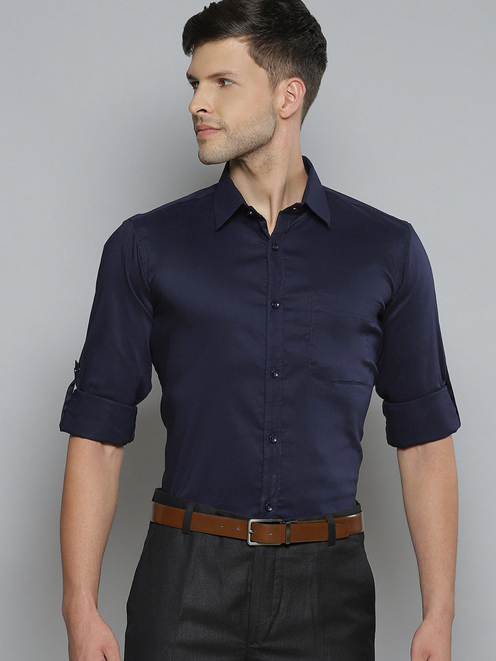 Men Navy Blue Smart Slim Fit Stretchable Lycra Formal Shirt