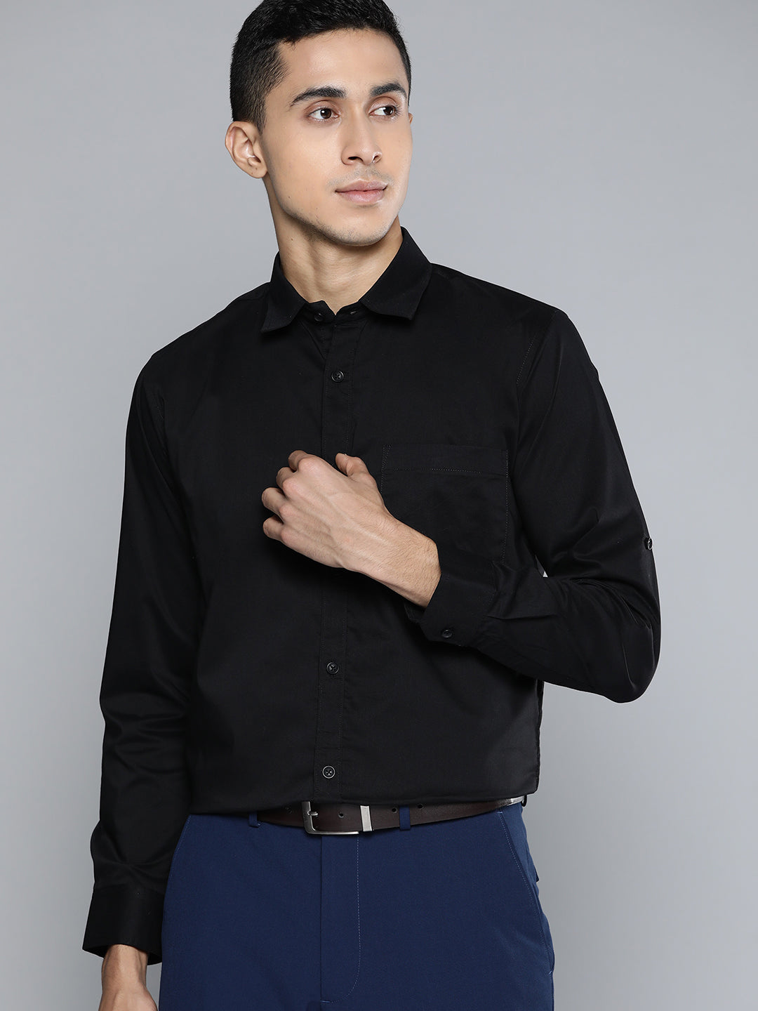 Men Black Solid Smart Slim Fit Stretchable Lycra Formal Shirt