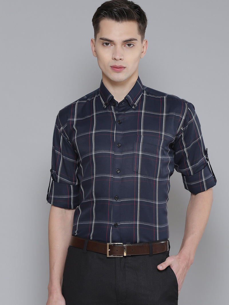 Men Navy Blue Smart Slim Fit Checked Formal Shirt