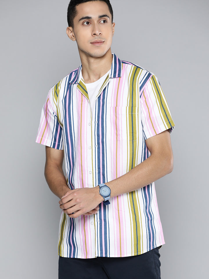 Men Pink  Blue Smart Multi Stripes Cotton Casual Shirt