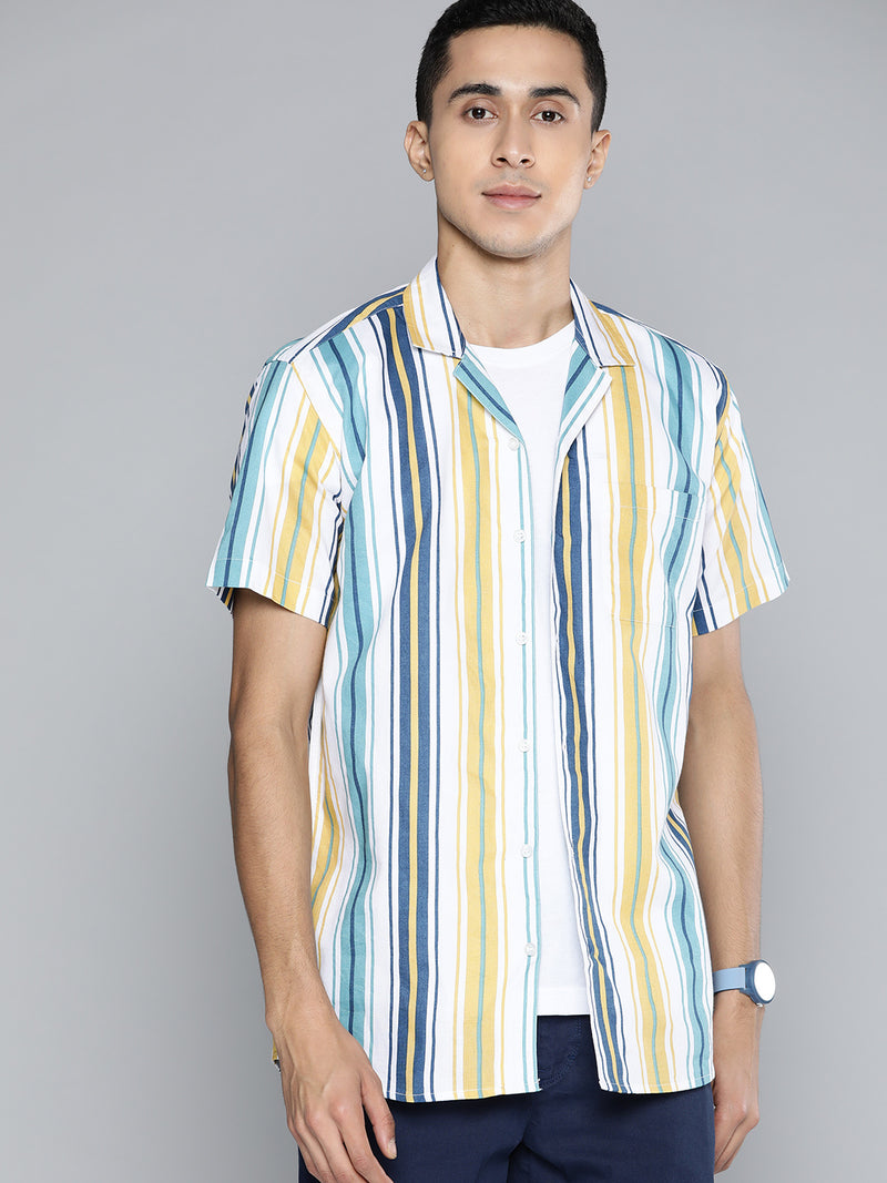 Men Blue  Yellow Smart Multi Striped Casual Shirt