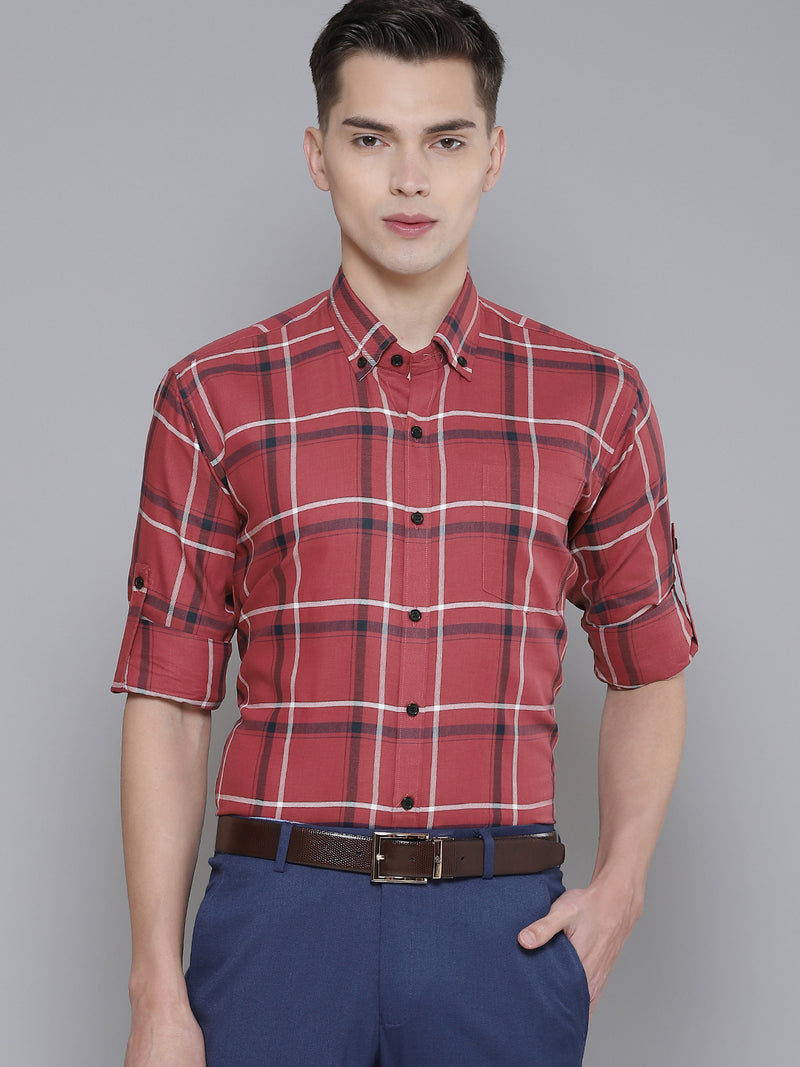 Men Red Smart Slim Fit Checked Formal Shirt