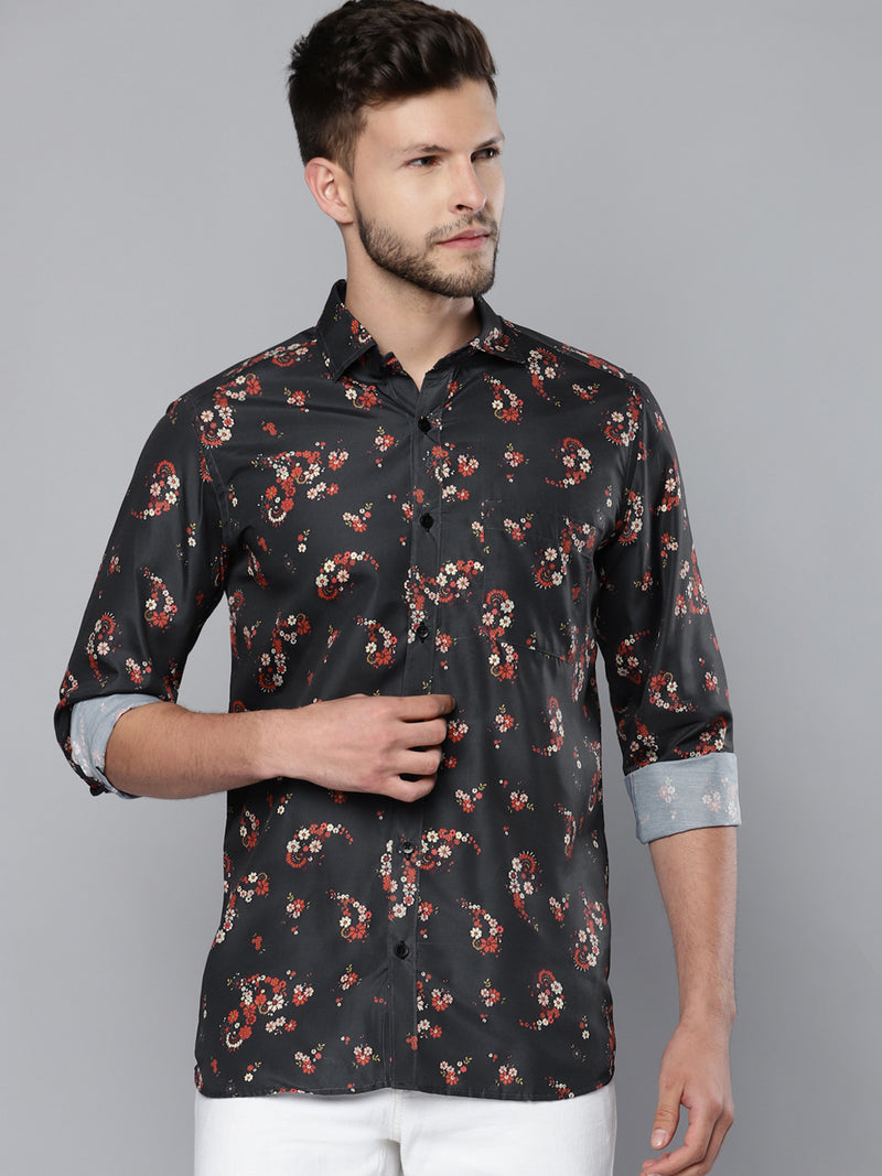 Men Charcoal Grey Smart Slim Fit Floral Printed Formal Shirt