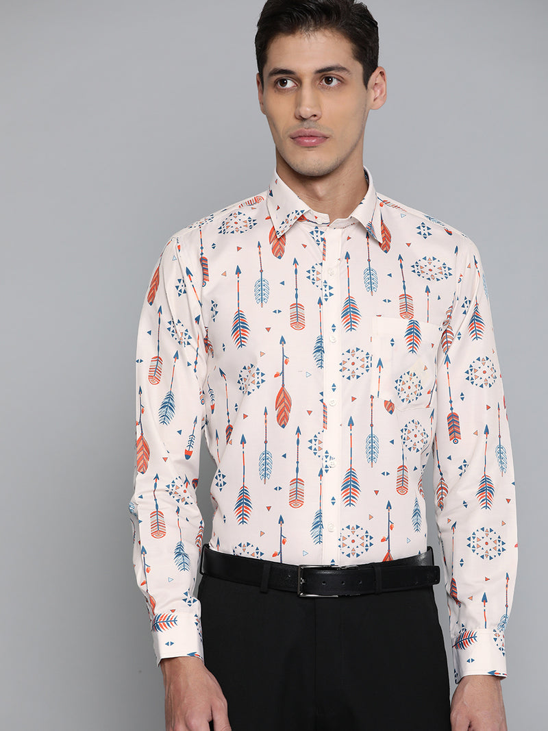 Men Beige Smart Slim Fit Printed Formal Shirt