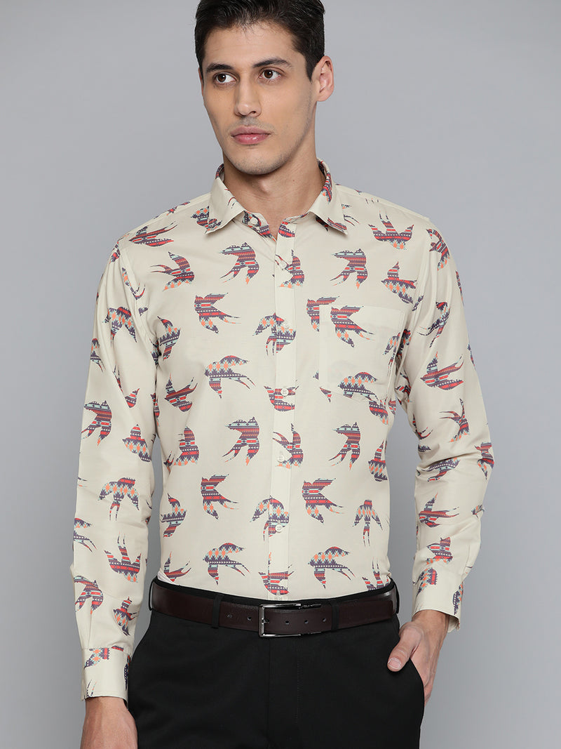 Men Beige Smart Slim Fit Printed Formal Shirt