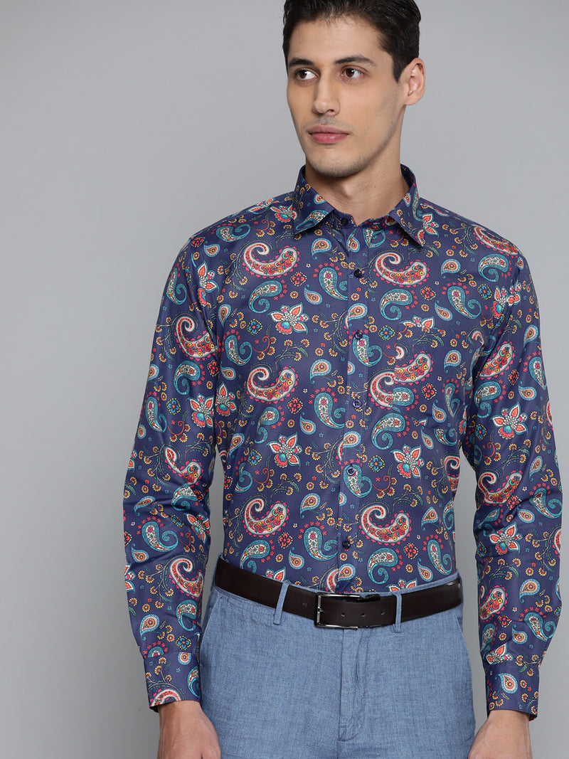 Men Navy Blue Smart Slim Fit Paisley Printed Formal Shirt
