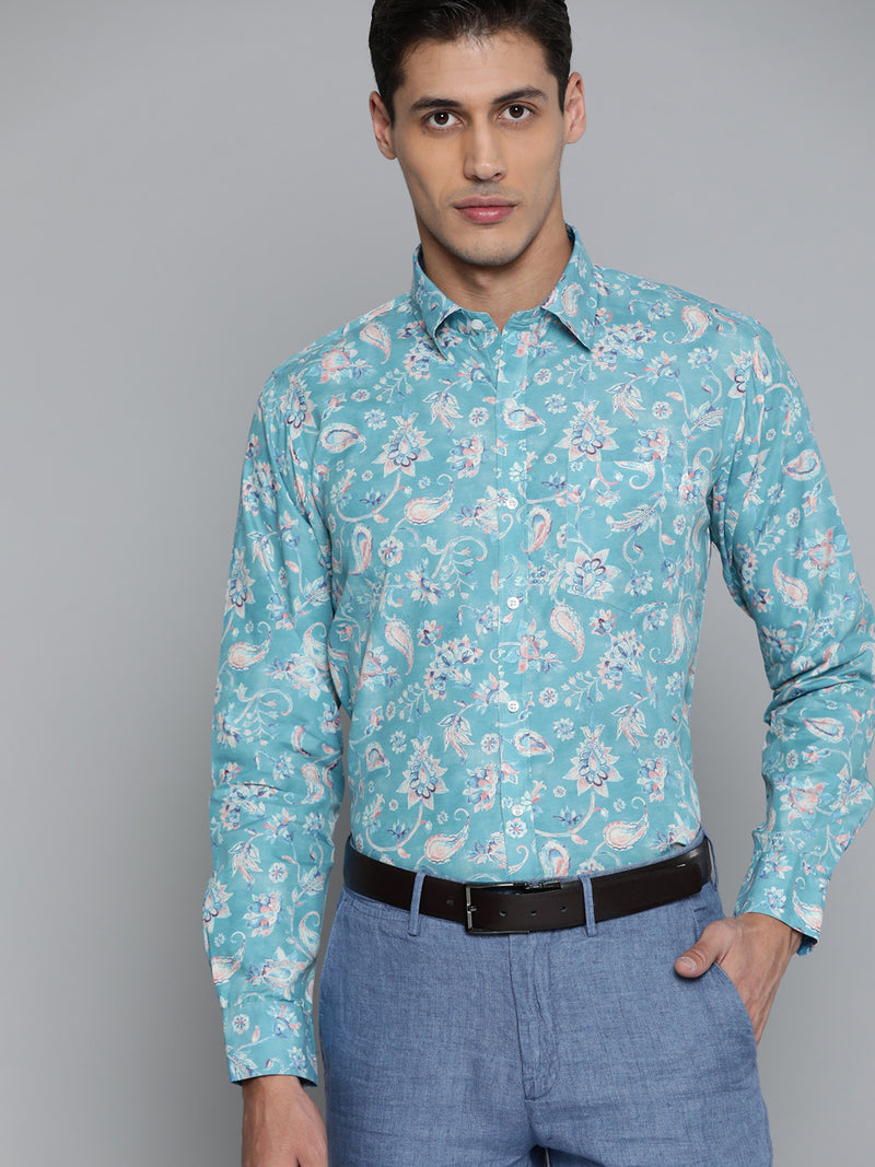 Men Turquoise Blue Smart Slim Fit Floral Printed Formal Shirt