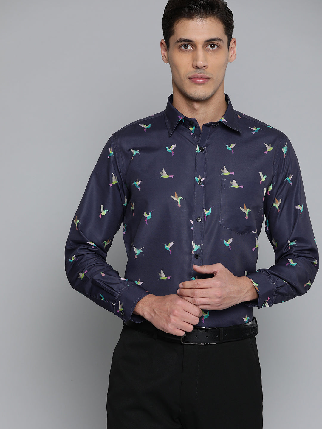 Men Navy Blue Smart Slim Fit Conversational Printed Formal Shirt