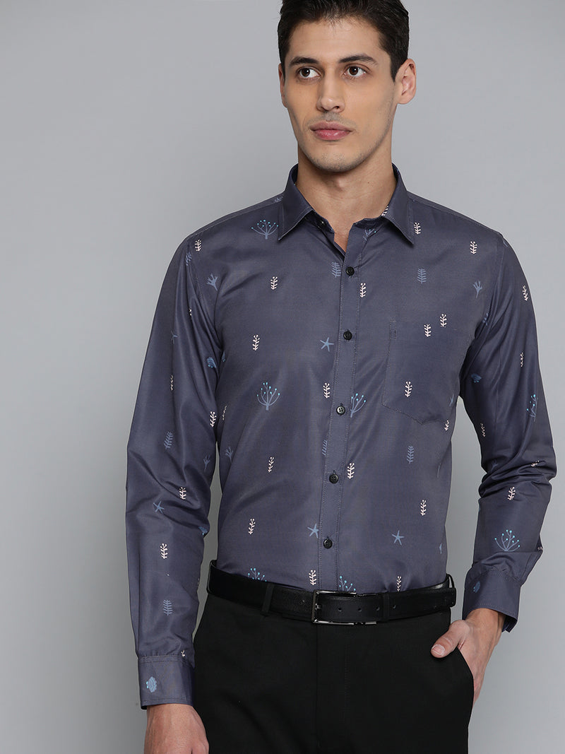 Men Navy Blue Smart Slim Fit Conversational Printed Formal Shirt