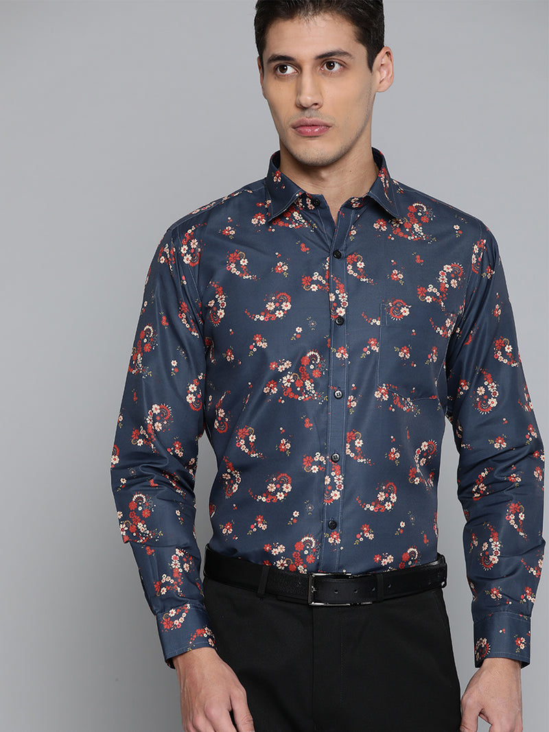 Men Charcoal Grey Smart Slim Fit Floral Printed Formal Shirt
