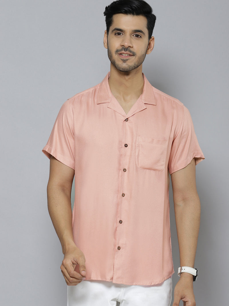 Men Peach-Coloured Solid Smart Slim Fit Casual Shirt