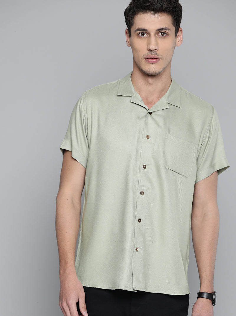 Men Olive Green Cotton Twill Slim Fit Casual Shirt