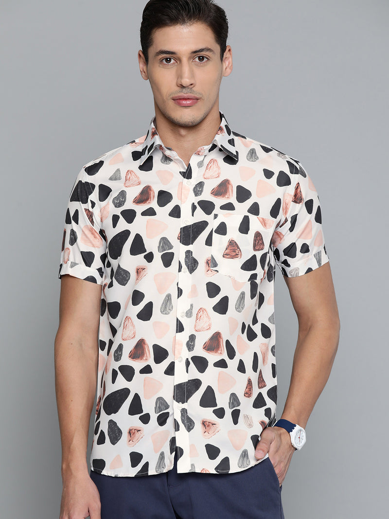 Men White  Black Smart Slim Fit Geometric Printed Casual Shirt