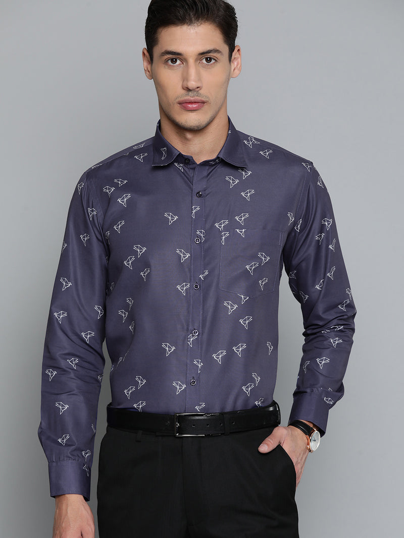 Men Navy Blue  White Smart Slim Fit Conversational Printed Formal Shirt