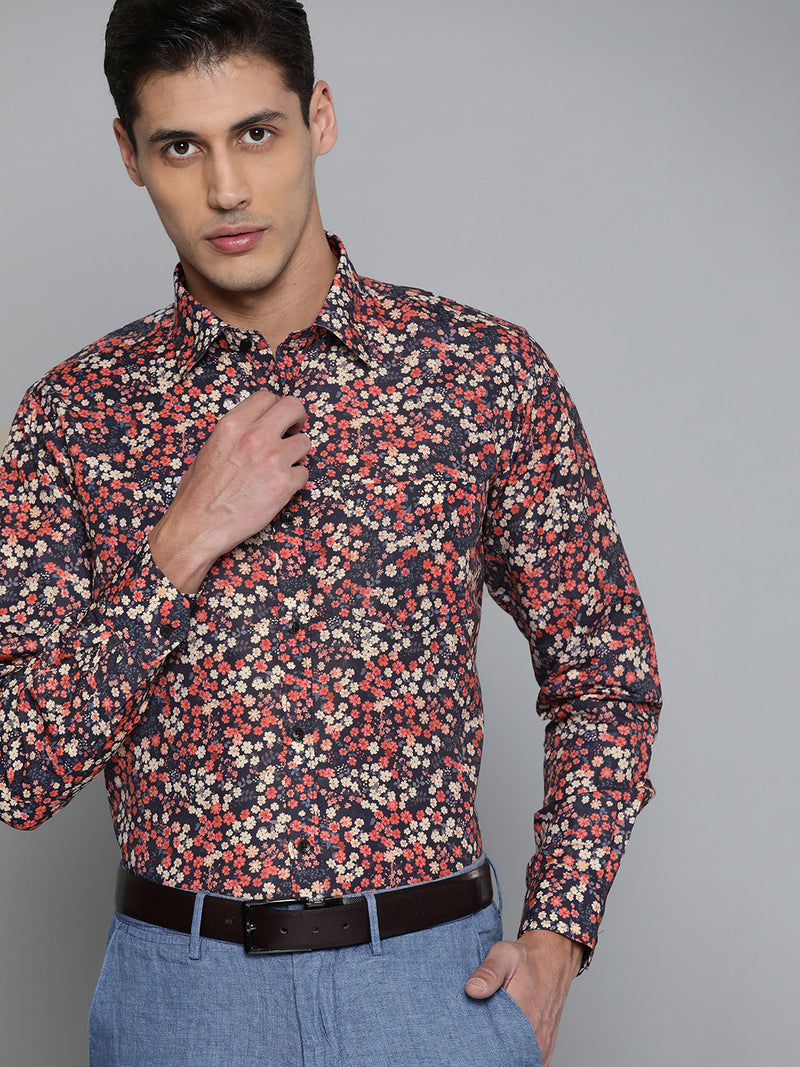 Men Navy Blue  Red Smart Slim Fit Floral Printed Formal Shirt